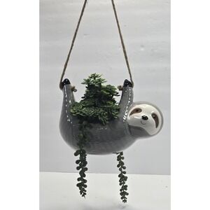 Handmade Sloth Hanging Planter with Faux Greenery – Cute Ceramic Wall Decor